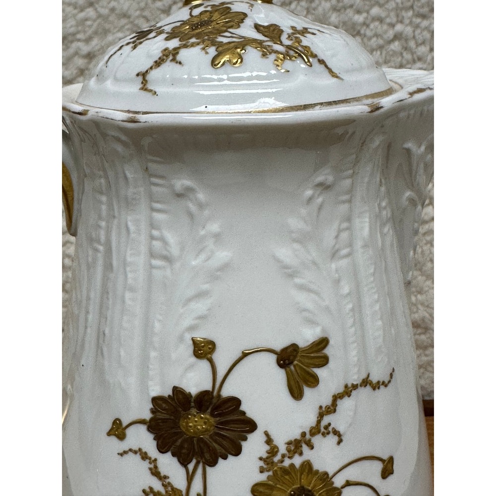 Vintage KT&K China Tall Coffee Pot / Chocolate Pot White Gold Floral Embossed - Picture 8 of 14